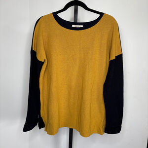 WoolOvers Knit Sweater Women Sz M‎ Yellow & Navy Wool Blend Oversized Colorblock